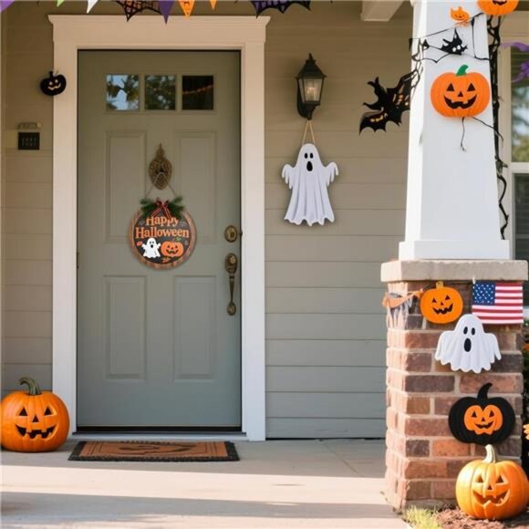 Happy Halloween Sign for Front Door,Round Wood Hanging Wreaths Sign - Picture 2 of 7